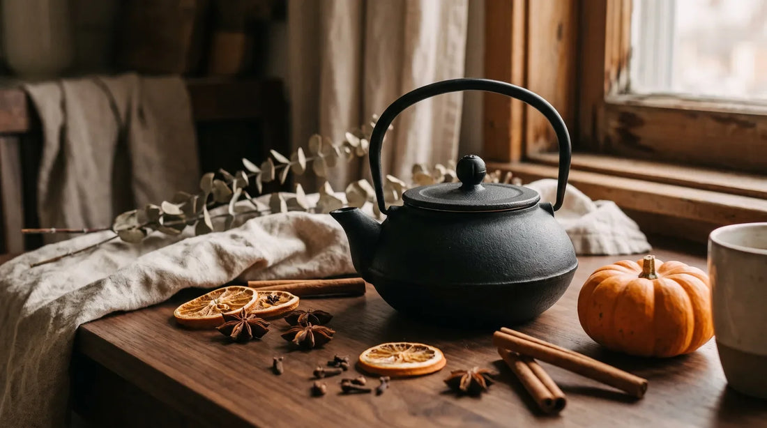 Cast-iron tetsubin teapot surrounded by cinnamon sticks, star anise, cloves, and a small pumpkin on a dark walnut surface for autumn tea pairings