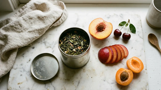 Open tin of loose-leaf green tea beside halved peach, cherries, plum, and apricot halves on a marble surface