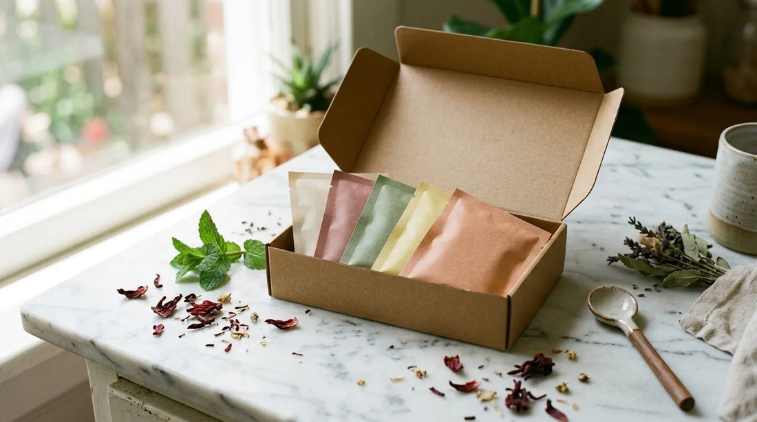 Open kraft gift box with five individually wrapped summer tea sachets on a marble surface with dried hibiscus petals and fresh mint