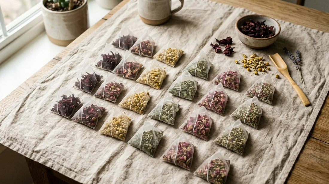Flat-lay of assorted tea sachets in different colors arranged on linen cloth with dried hibiscus and chamomile props
