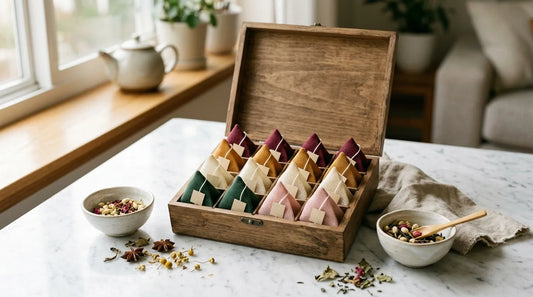 Open tea gift box with assorted pyramid sachets in five colors arranged on a marble surface with dried botanicals and a ceramic bowl