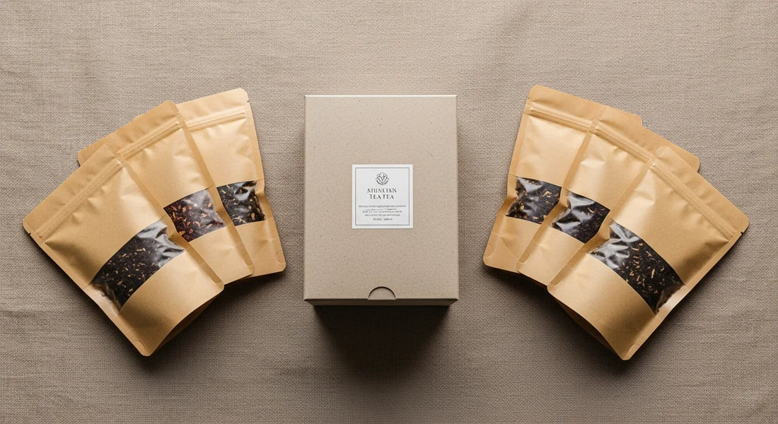 Tea sampler pouches and a full tea box arranged side by side on a linen surface — tea sampler vs full box comparison