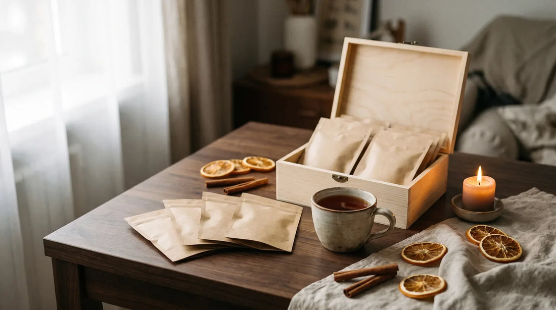 Open tea sampler gift box with five blank kraft pouches fanned out beside a ceramic mug of deep amber tea, dried orange slices and cinnamon sticks on a dark walnut surface in warm candlelight