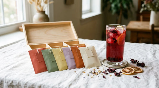 Open tea sampler gift box with six colorful sachets fanned out beside a ruby iced tea glass on white linen