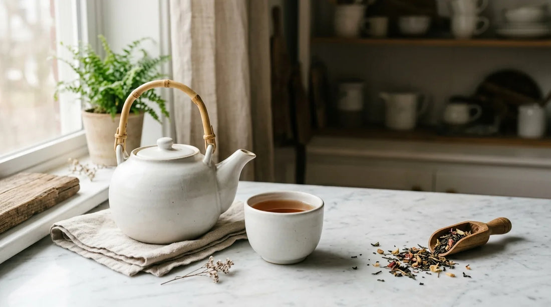 White ceramic teapot and cup on a marble surface with scattered loose leaf tea and a wooden scoop