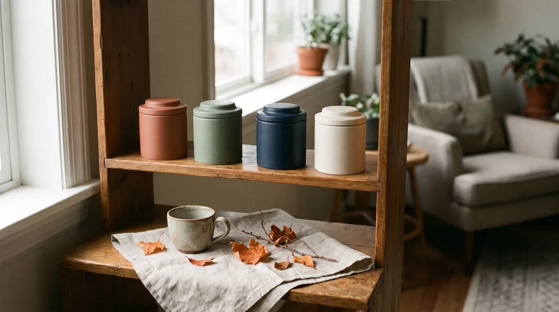 Organized wooden tea shelf with four matte airtight tins in autumn earth tones, dried leaves, and a ceramic teacup on linen cloth