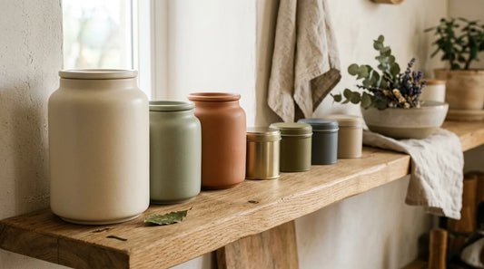 Neatly organized tea shelf with a row of matte ceramic canisters and airtight tins in neutral tones on a light oak surface