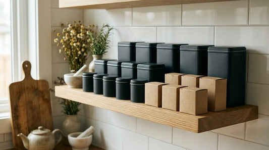 Four organized rows of matte charcoal tea tins and kraft sachet boxes on a natural oak floating shelf, arranged front to back by zone