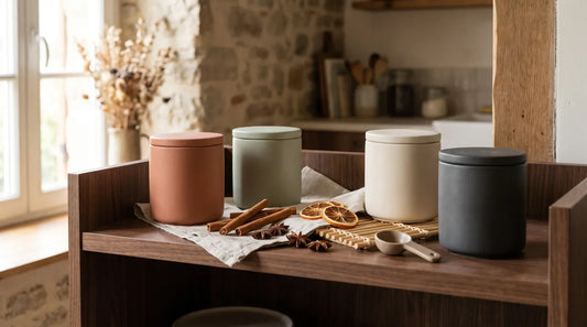 Autumn tea shelf with four blank ceramic canisters in terracotta, sage, cream, and charcoal tones, surrounded by cinnamon sticks, star anise, and dried orange slices on a linen cloth