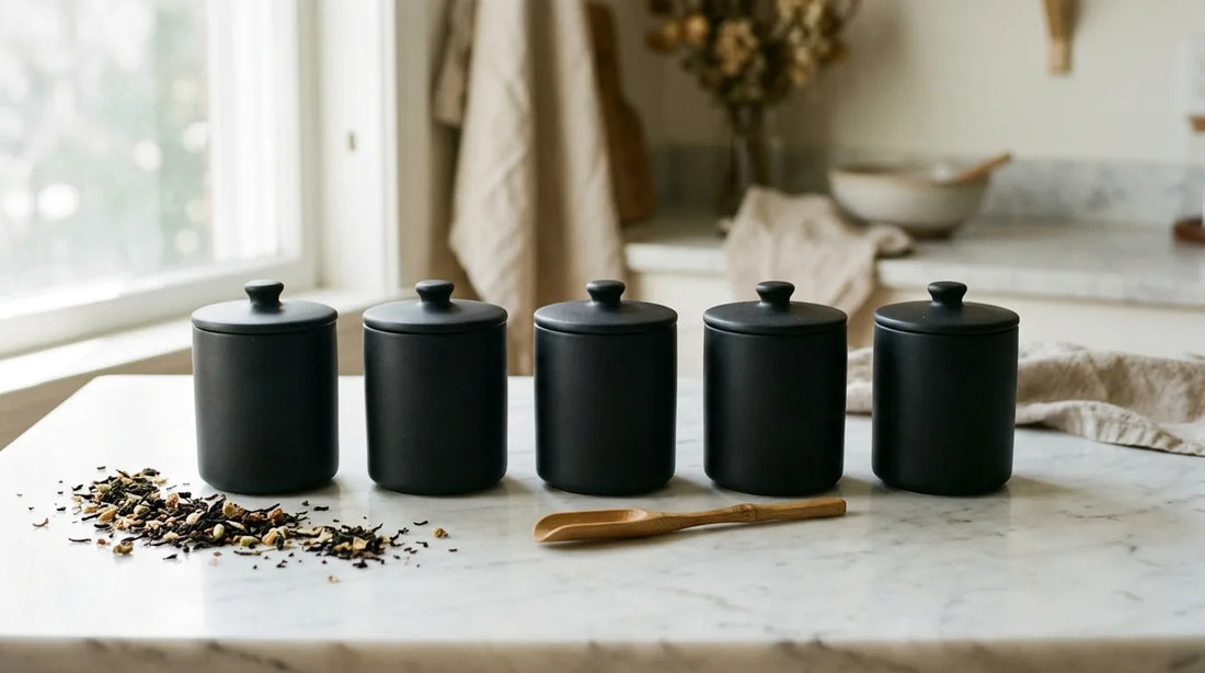 Five airtight tea storage canisters in a row on a marble surface with loose-leaf tea and a bamboo scoop