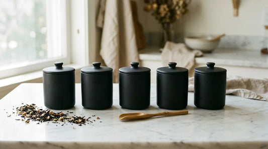 Five airtight tea storage canisters in a row on a marble surface with loose-leaf tea and a bamboo scoop