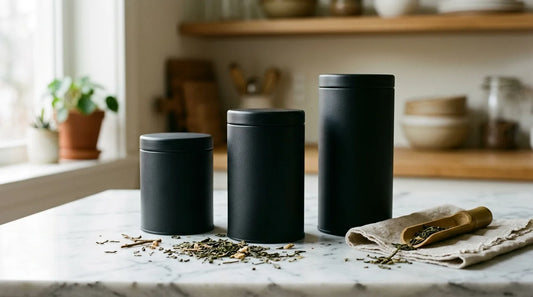 Three airtight tea canisters on a marble surface surrounded by loose green tea leaves — proper tea storage for summer heat