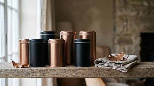 Airtight tea storage tins arranged on a wooden shelf for cooler weather — sealed matte metal tins with dried autumn leaves