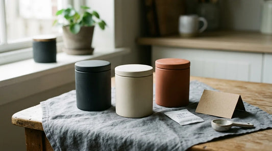Three sealed opaque tea storage tins on a linen cloth with a silica gel packet — proper tea storage in summer heat
