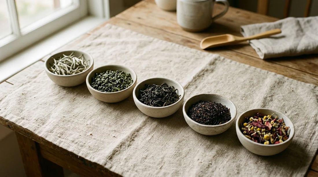 Overhead flat-lay of five ceramic bowls on linen each holding a different loose tea type — white tea buds, green tea leaves, oolong, black tea, and dried herbal botanicals