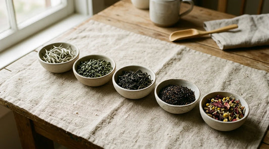 Overhead flat-lay of five ceramic bowls on linen each holding a different loose tea type — white tea buds, green tea leaves, oolong, black tea, and dried herbal botanicals