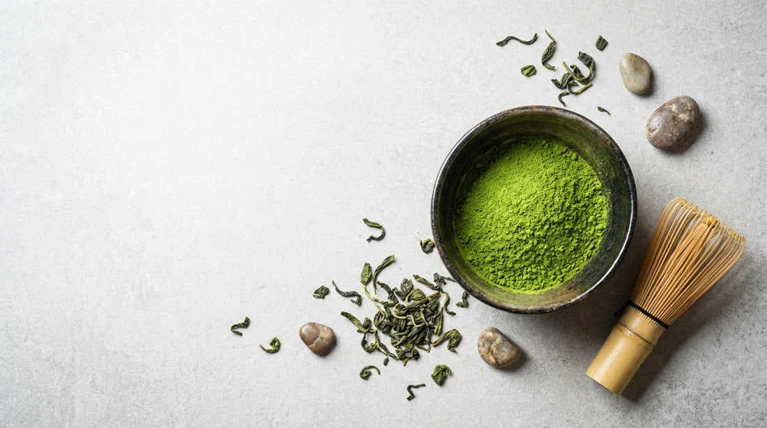 premium green tea powder and loose leaves flat lay, vibrant ceremonial matcha bowl, minimalist luxury tea branding image