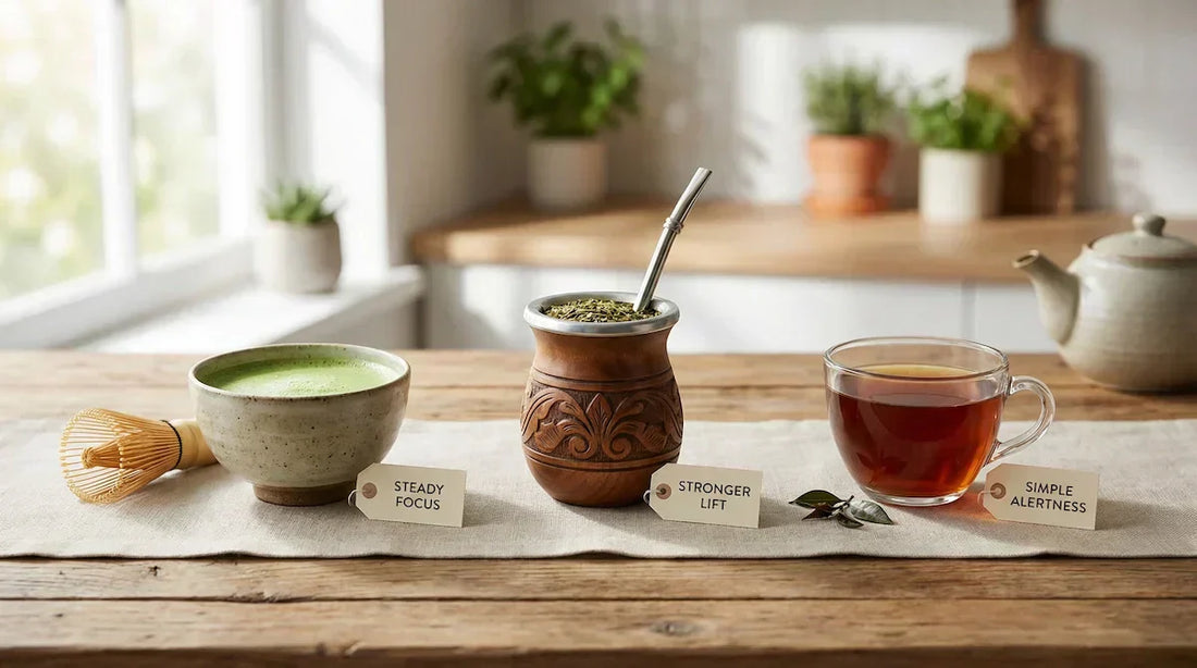 A morning comparison of a matcha bowl, yerba mate gourd, and black tea cup arranged cleanly in natural light.