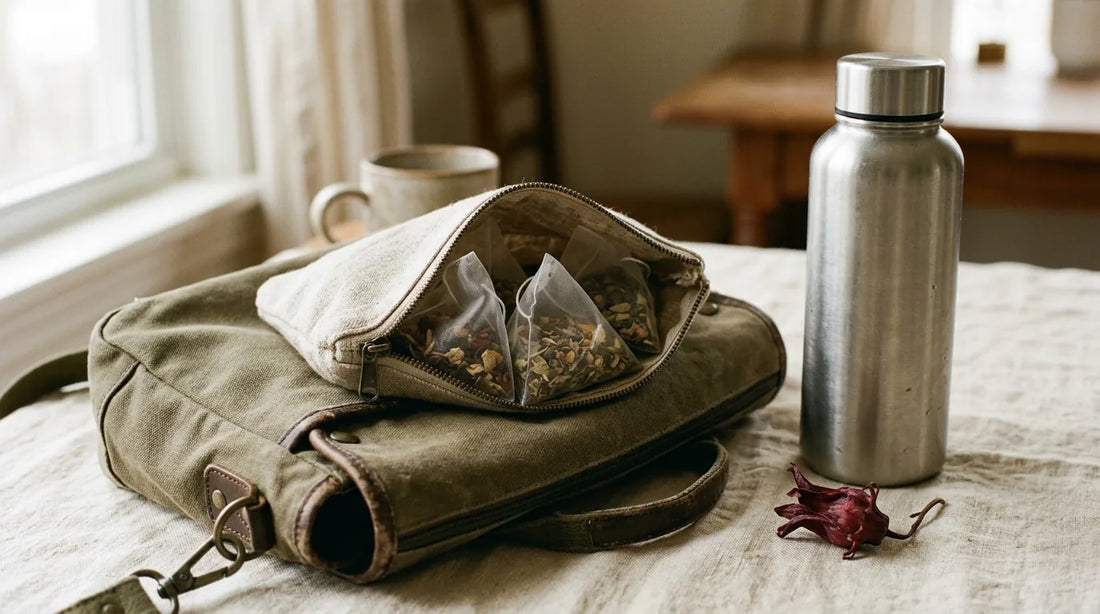 Three pyramid tea sachets in a small linen zip pouch beside a stainless steel insulated bottle on a canvas travel bag