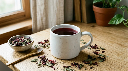 A white ceramic mug of deep ruby tulsi hibiscus tea on an oak desk with scattered dried hibiscus petals and green tulsi leaves
