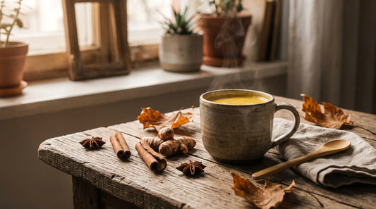 Ceramic mug of golden turmeric tea for fall surrounded by turmeric root, cinnamon sticks, and dried autumn leaves on a wooden surface