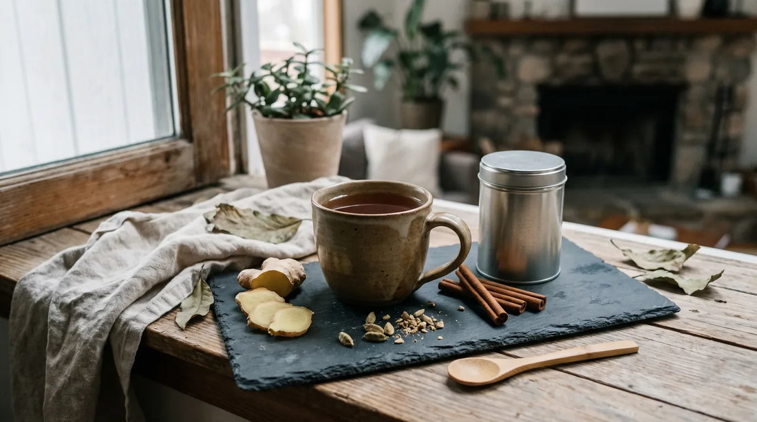 Ceramic mug of amber spiced tea on a dark slate surface surrounded by fresh ginger root, cinnamon sticks, cardamom pods, and a small unbranded tin