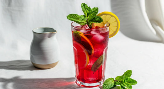 Warm weather tea routine — tall glass of iced hibiscus tea with mint and lemon on a linen surface
