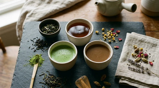 Overhead flat-lay of three ceramic cups containing black tea, matcha, and yerba mate on dark slate with loose tea leaves and green powder