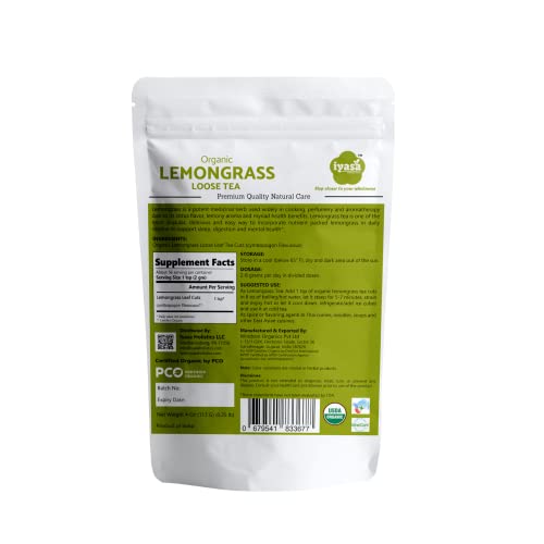 Iyasa Holistics Organic Lemongrass 4 oz - USDA Certified Lemongrass Tea Loose Leaf Cuts, Caffeine Free Tea - East Indian Malabar Grass For Cooking, Smoothies Pure Ayurveda Products