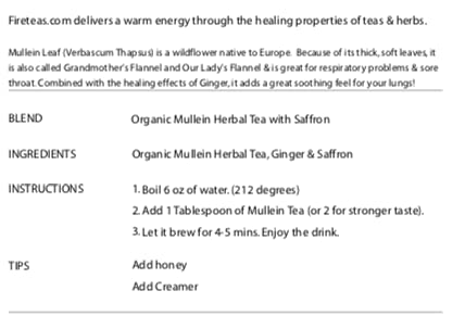 Fire Teas Organic Mullein Leaf Herbal Tea w/Ginger & Saffron - Herbal Tea, Great Health Benefits, Loose Leaf
