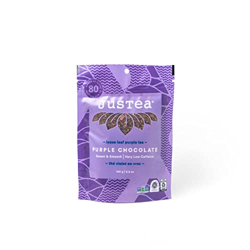 JusTea PURPLE CHOCOLATE | Loose Leaf Purple Tea | Tin with Hand Carved Tea Spoon | 40+ Cups (3.5oz) | Very Low Caffeine | Award-Winning | Fair Trade | Non-GMO