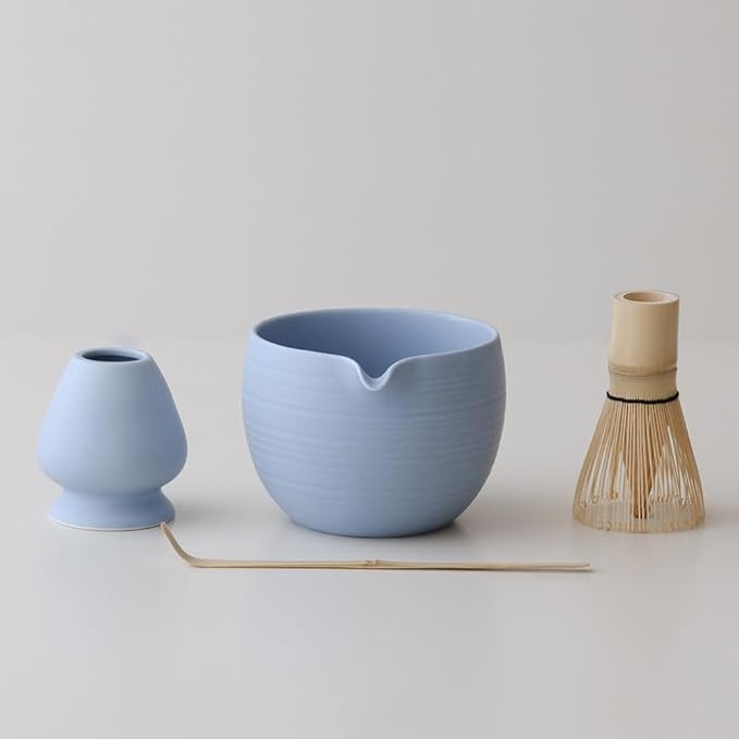Matcha Whisk Set, Ceramic Matcha Bowl & Whisk Holder, Bamboo Accessory, Modern Design (Soft Haze Blu