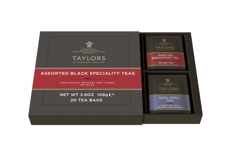 Taylors of Harrogate Assorted Specialty Black Teas Sampler, Variety Gift Box, Individually Wrapped Bags, 20 Count, English Breakfast, Earl Grey