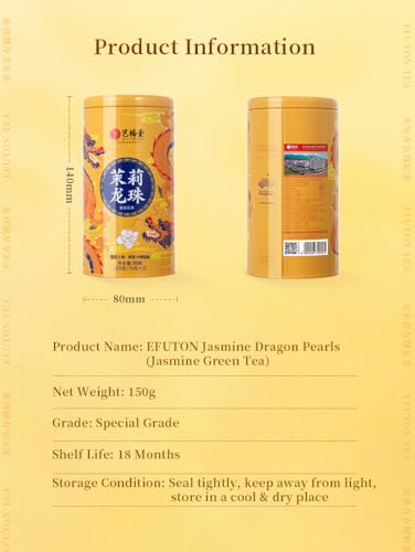 Efuton Dragon Pearl Tea, 5.3oz/150g, Rolled Jasmine Green Tea, Premium Grade, Loose Leaf Green Tea with Smooth and Pleasant Aroma, Tin