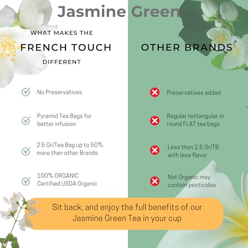 The French Touch Jasmine Green Tea ORGANIC | 2.5g x 30 Pyramid Bags | 100% Certified USDA Organic | Plant based tea bags | Select Premium Tea (Jasmine Green)