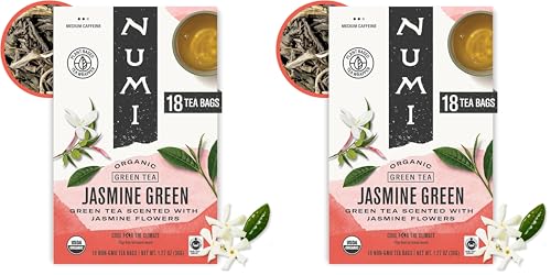 Numi Organic Green Tea with Jasmine, 54 Green Tea Bags Scented with Real Jasmine Flowers, Micro-Plastic Free Compostable Bags
