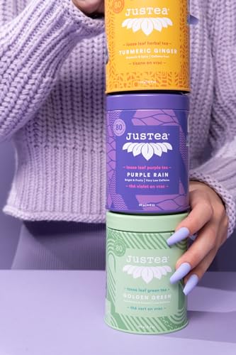 JusTea PURPLE RAIN | Loose Leaf Purple Tea | Tin with Hand Carved Tea Spoon | 40+ Cups (2.8oz) | Very Low Caffeine | Award-Winning | Fair Trade | Non-GMO