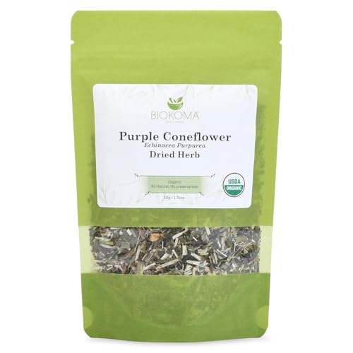 Biokoma Organic Purple Coneflower Dried Herb 50g (1.76oz) in Resealable Moisture Proof Pouch, USDA Certified Organic - Herbal Tea, No Additives, No Preservatives, No GMO, Kosher
