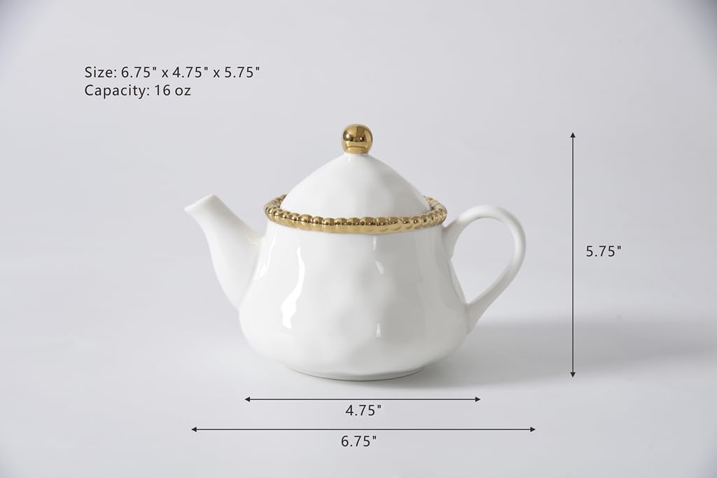 Pampa Bay Salerno Tea Pot with Cover, 16 oz, 6.75 x 4.75 x 5.75 Inches, White with Silver Beading