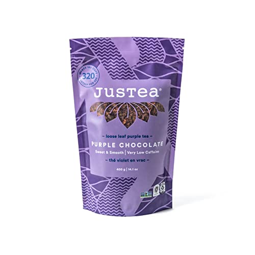 JusTea PURPLE CHOCOLATE | Loose Leaf Purple Tea | Tin with Hand Carved Tea Spoon | 40+ Cups (3.5oz) | Very Low Caffeine | Award-Winning | Fair Trade | Non-GMO