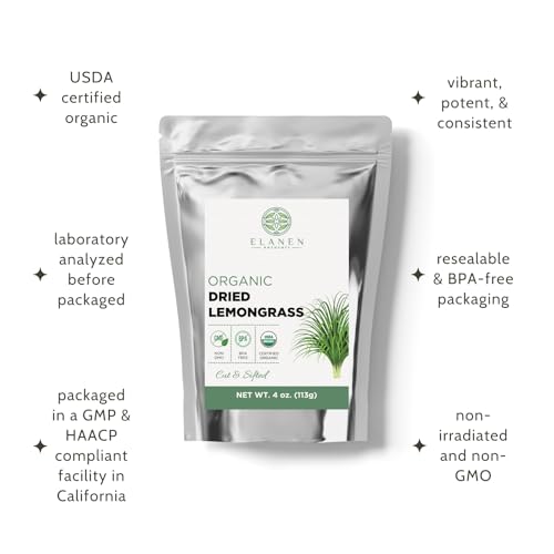 Elanen Naturals Organic Dried Lemongrass Tea 4 oz. (113g), USDA Certified Organic Lemon Grass Herb Leaf, Lemin Fever Grass, Te De Limon, Lemingrass Loose Leaves, Dried Lemongrass Bulk, Cut & Sifted