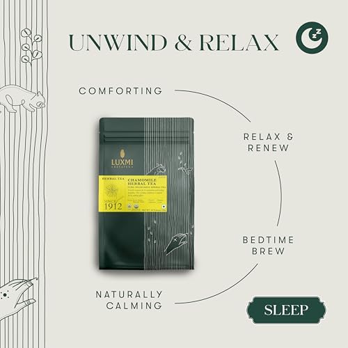 Luxmi Estates Pure Chamomile Tea, 50 Biodegradable Tea Bags (100g, 3.53oz, 50 Cups) | USDA Organic Single-Ingredient Whole Chamomile Flowers | Caffeine-Free Calming Herbal Infusion for Sleep, Vegan, Bulk Value Pack