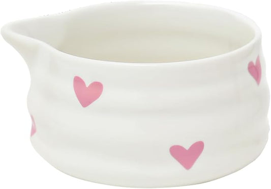 White Matcha Bowl with Spout with Cute Heart Pattern - Ceramic Chawan Matcha Bowl for Whisking Matcha -Traditional Japanese Macha Bowl Handmade