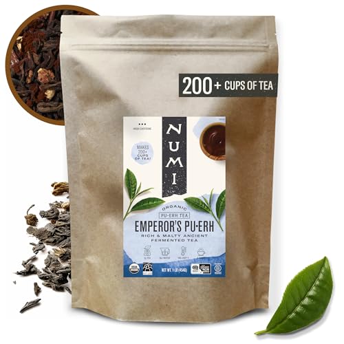 Numi Organic Emperor’s Pu-erh Tea Loose Leaf, Aged Yunnan Caffeinated Black Tea, 16 oz Bulk Pouch, Smooth Earthy Bold Flavor, Brews 200 Cups