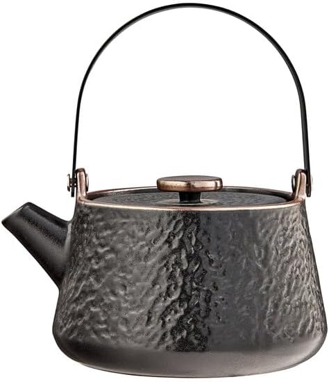 Heika Stoneware Teapot, 24 oz, Black Matte Textured with Lid, Round Design, Banded Rim, Freezer and Dishwasher Safe, 5.9 x 4 Inches