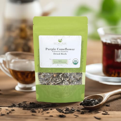 Biokoma Organic Purple Coneflower Dried Herb 50g (1.76oz) in Resealable Moisture Proof Pouch, USDA Certified Organic - Herbal Tea, No Additives, No Preservatives, No GMO, Kosher