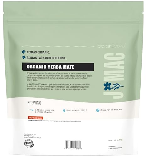 J Mac Botanicals Organic Yerba Mate Loose Leaf Tea, Unsmoked Natural Energy Herbal Tea, High Caffeine Coffee Alternative, Pure Leaf from Brazil, 1 lb
