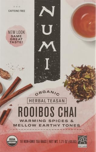 Numi Organic Rooibos Chai Tea, Microplastic Free, Rich Flavor with Cinnamon, Allspice &amp; Ginger, Caffeine Free, 18 Count (Pack of 2)