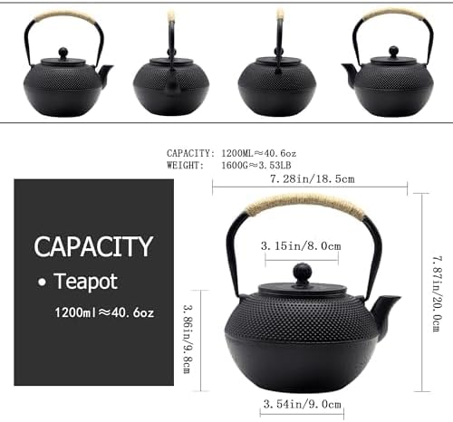 40.6oz Cast Iron Teapot, Japanese Tetsubin Tea Kettle for Stovetop Safe, Black Cast Iron Tea Kettle with Infuser for Loose Leaf
