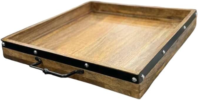20"x20" Extra Large Square Ottoman Tray, Heavy Duty Mango Wood, for Serving Tea, Breakfast in Bed